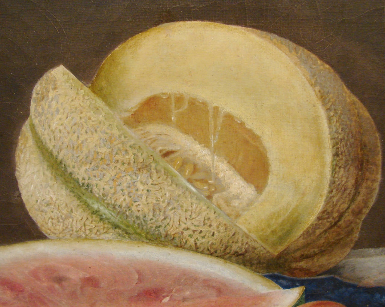 American Still Life Oil on Canvas with Watermelon, Cantelope and Peaches In Good Condition In San Francisco, CA