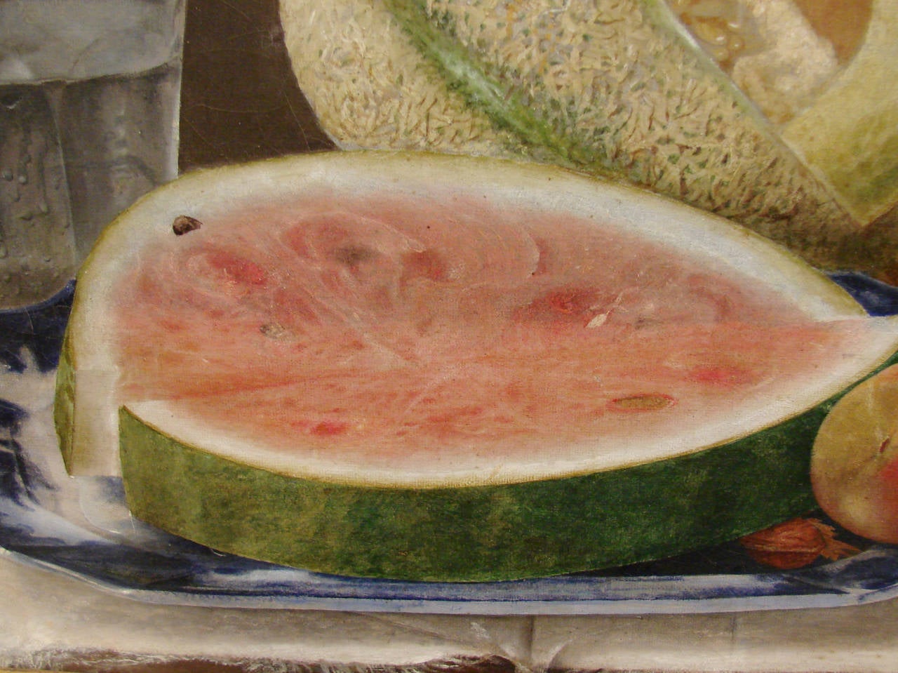 Victorian American Still Life Oil on Canvas with Watermelon, Cantelope and Peaches