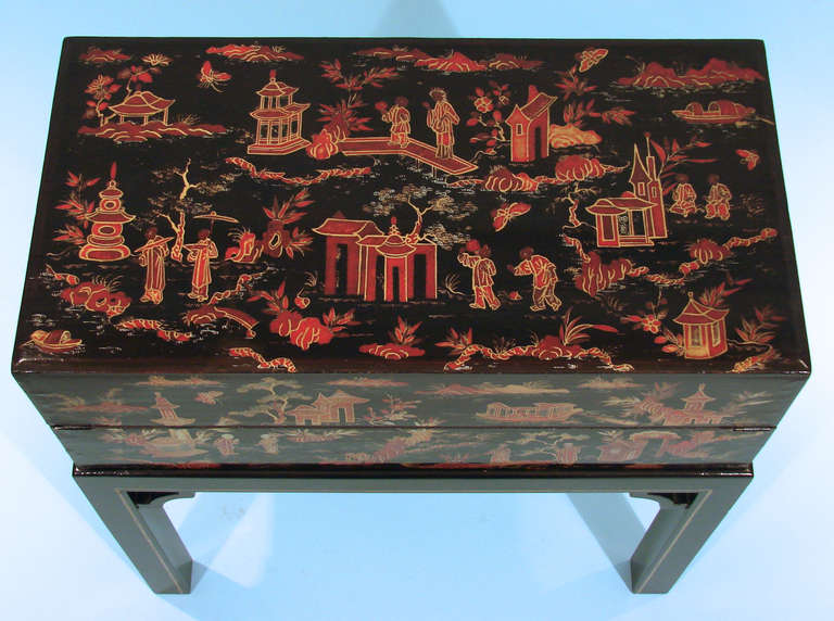 Chinese Scarlet Japanned Traveling Desk on Stand