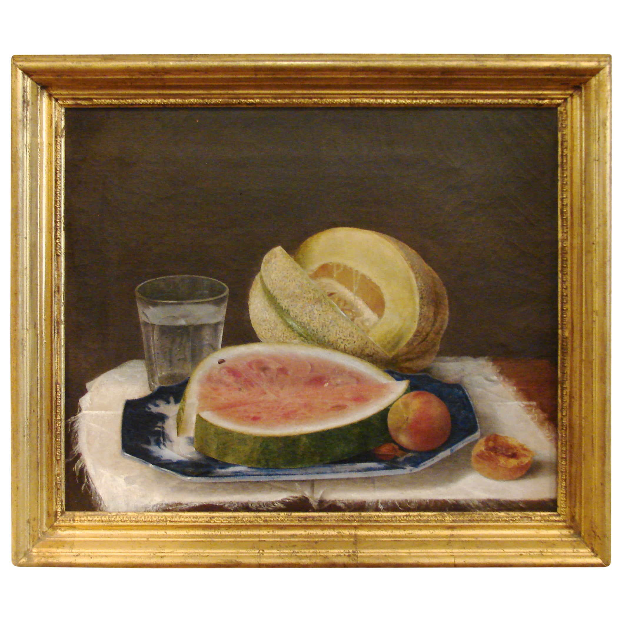 American Still Life Oil on Canvas with Watermelon, Cantelope and Peaches