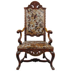 Antique Baroque Style Walnut Leather Upholstered Armchair