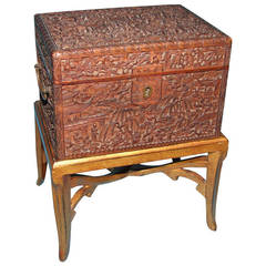 Small Chinese Carved Hardwood Box on Stand