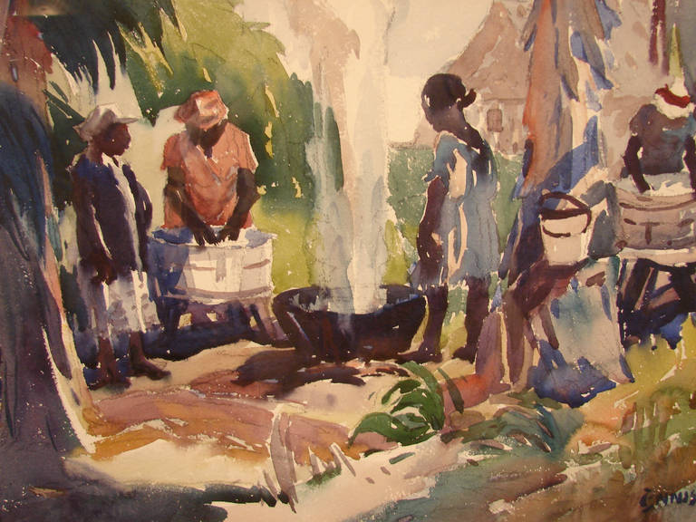 An interesting and moody regional watercolor on paper by George P. Ennis (American, 1884-1936) depicting a black family performing outdoor chores in a rural, probably Southern, setting. Signed by the artist.