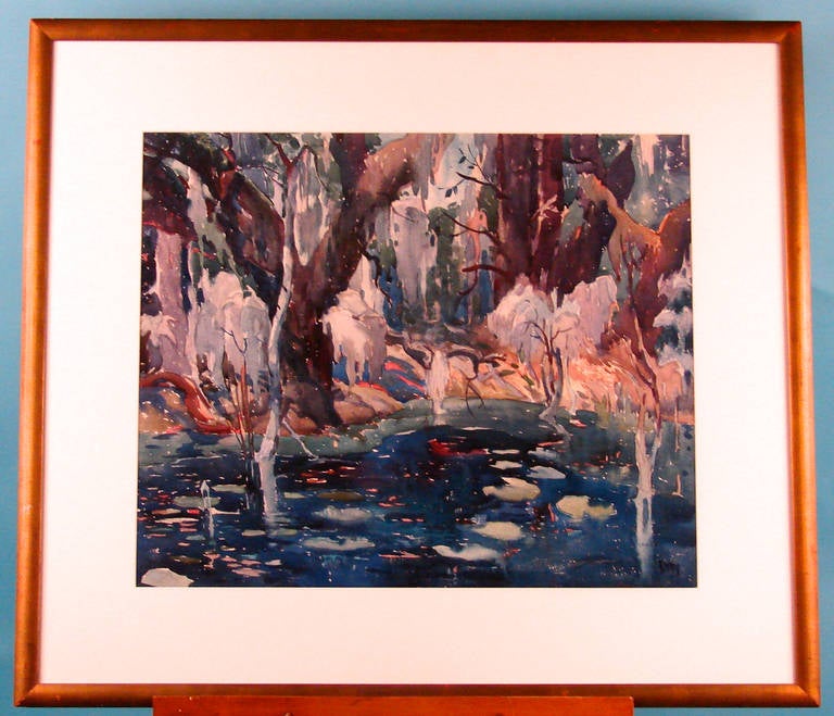 A large and evocative watercolor on paper by George P. Ennis (American, 1884-1936) of a Southern bayou or swamp scene.
