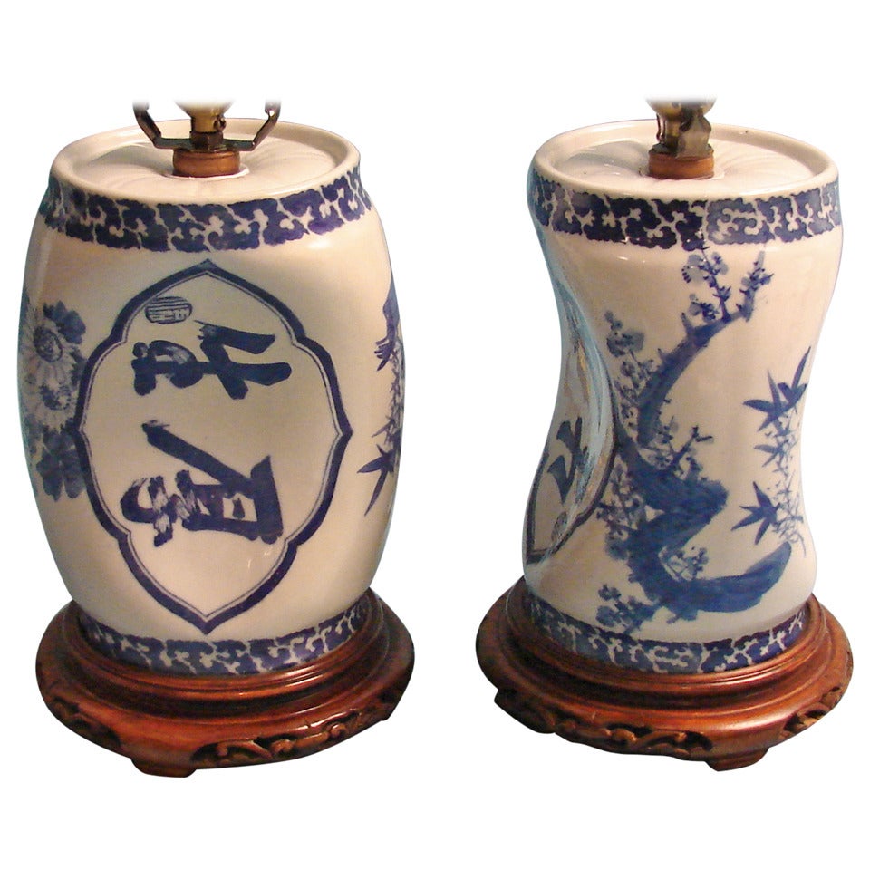 Pair of Chinese Porcelain Blue and White Pillows as Lamps