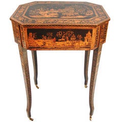 Antique Pretty English Chinoiserie Black and Gilt Work Table with Drawer
