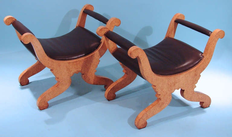 Pair of Northern European Birch Leather Upholstered Taborets