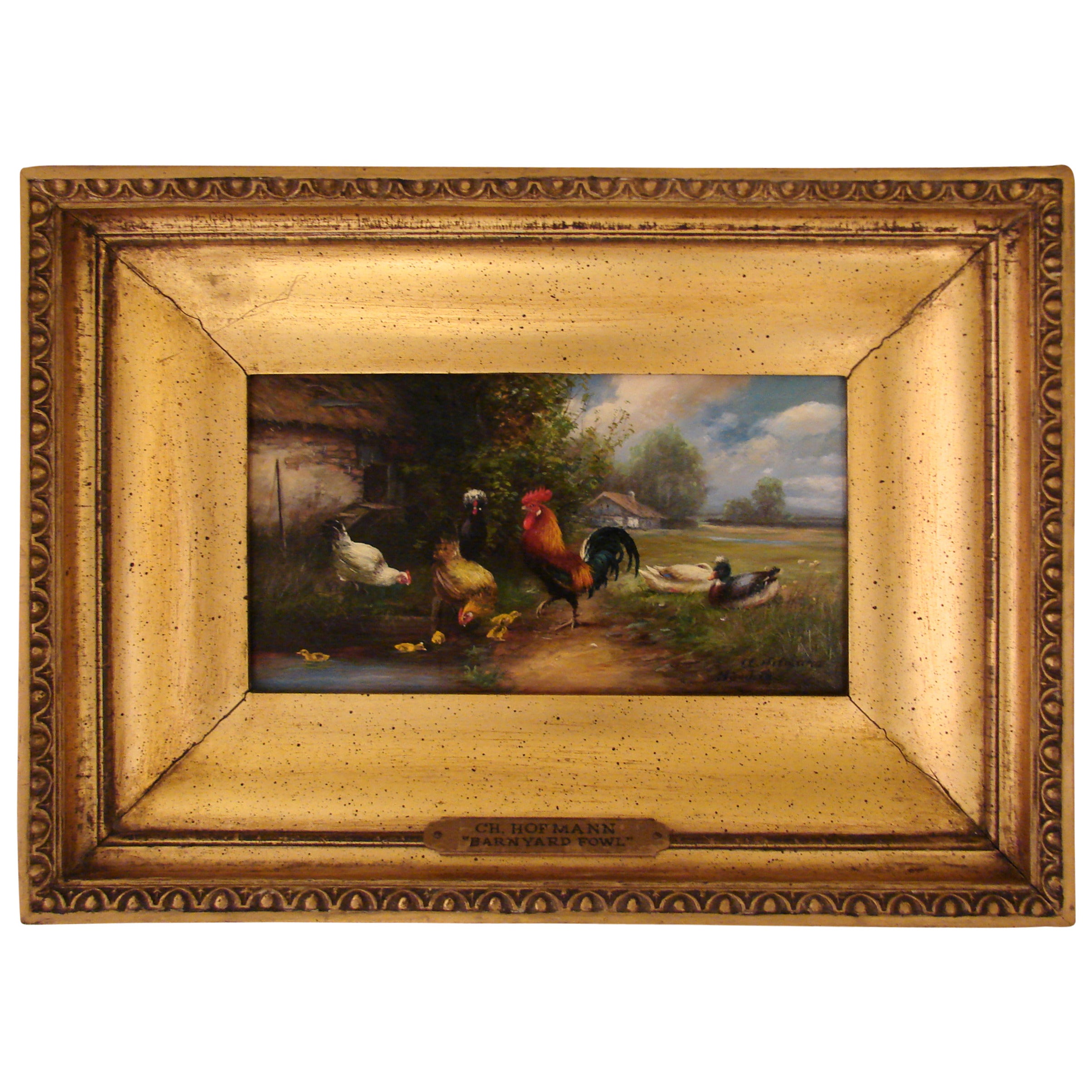 Oil on Wood Panel "Barnyard Fowl" by Charles Hofmann, German/American