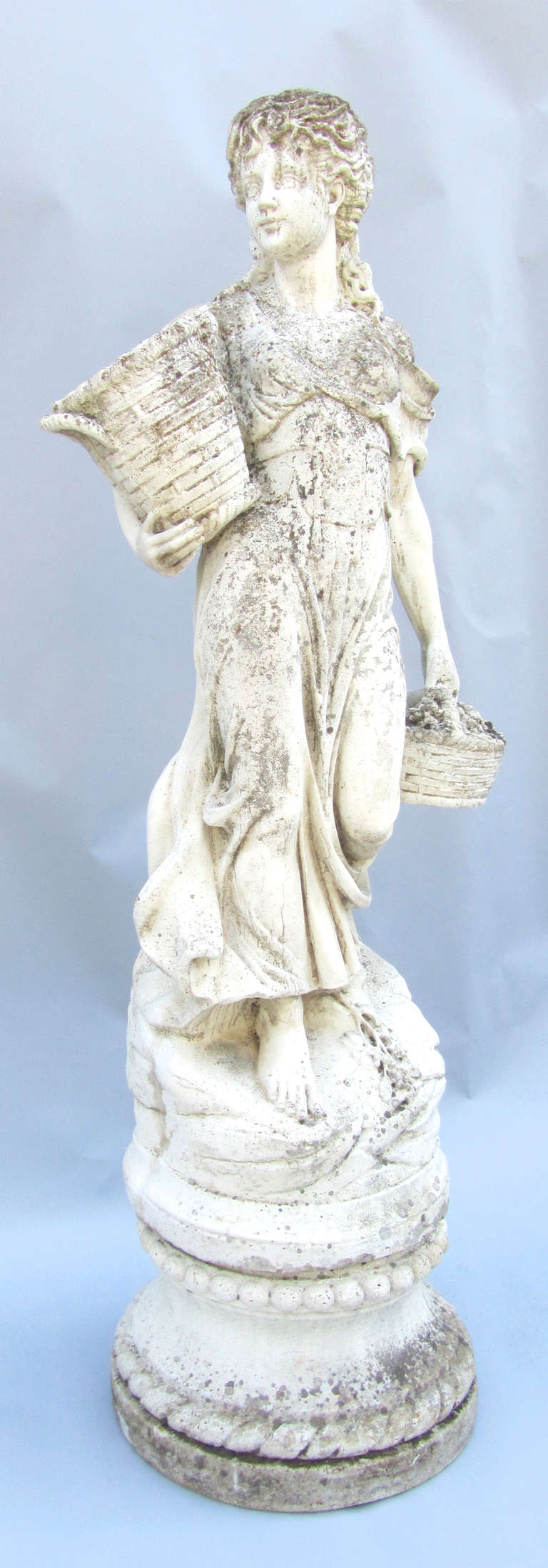 Cast Stone Garden Figure of a Maiden Carrying Baskets