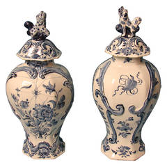 Pair of Delft Blue and White Covered Vases with Spider Web Motif