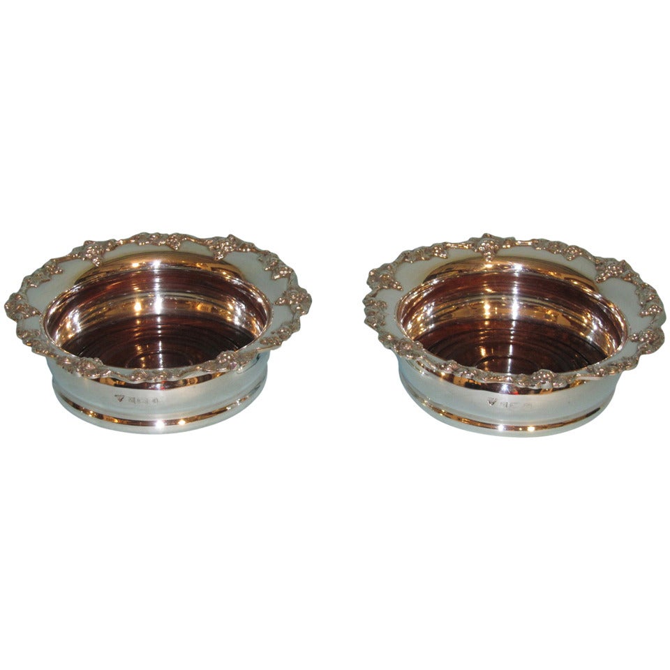 Pair of English Walnut and Sterling Silver Wine Coasters by Garrard