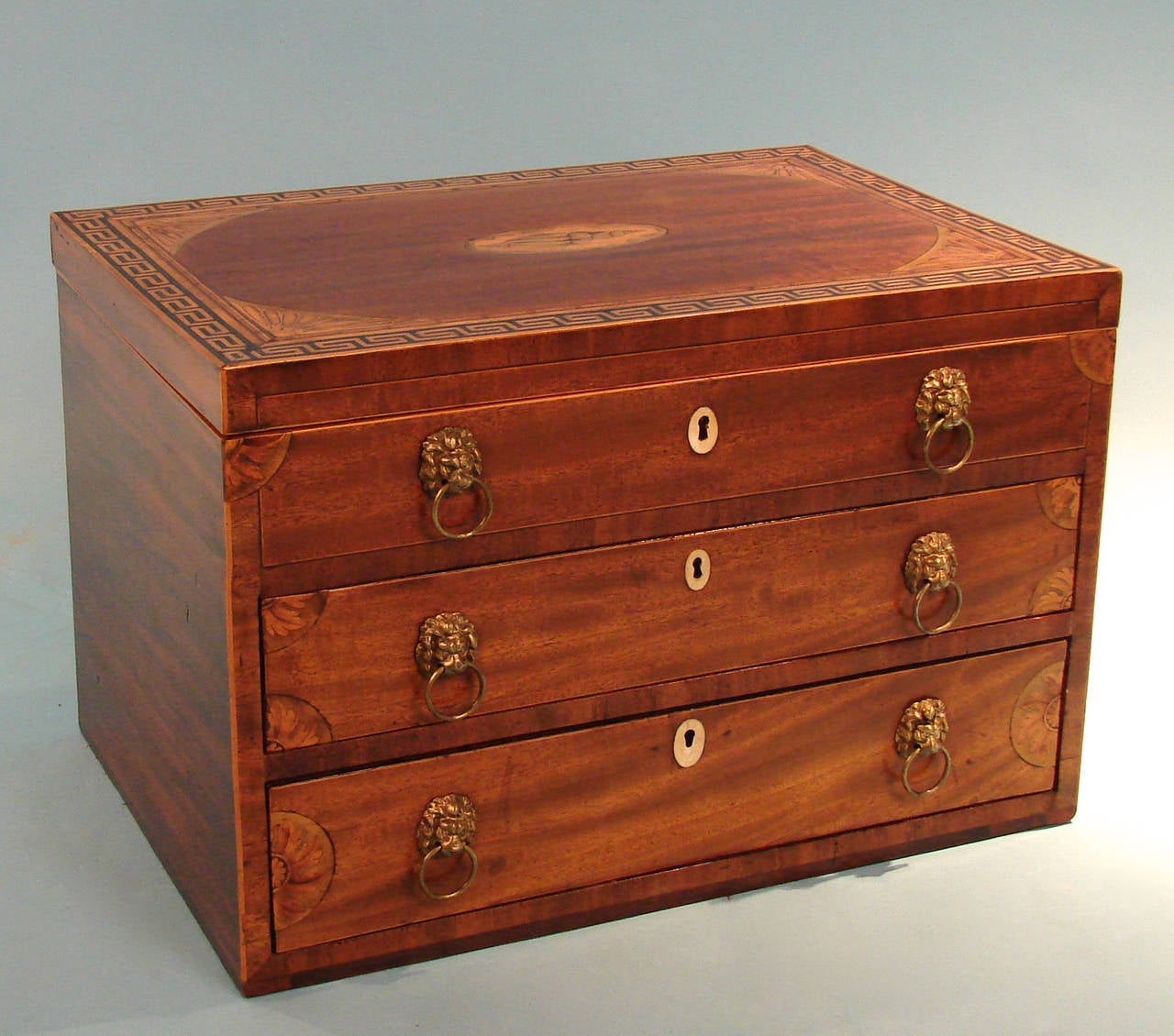 Boxwood George III Mahogany Inlaid Writing and Sewing Cabinet