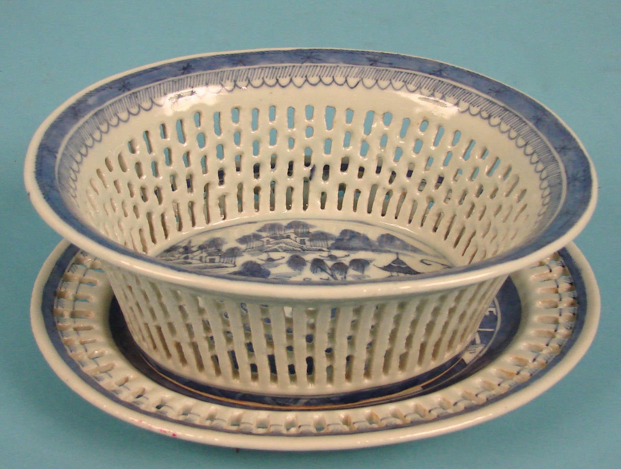 Canton Blue and White Reticulated Bowl with Underplate