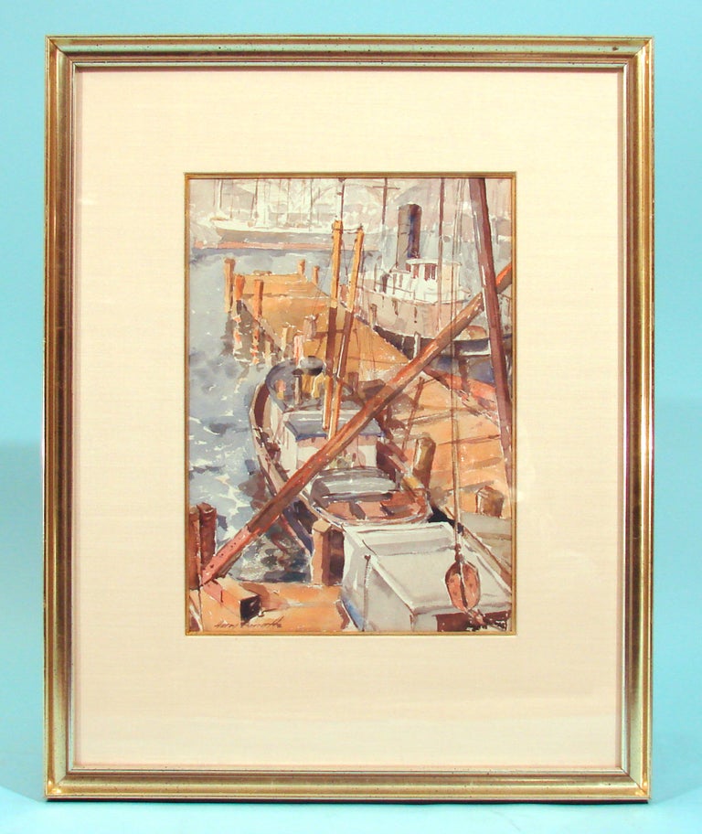 Harry Bonath (American 1903-1976) Watercolor on paper of Seattle harbor in a gilded frame. Signed lower left. Bonath was a member of the Puget Sound Group of artists and designed a famous poster of the Seattle space needle built for the 1962 world's