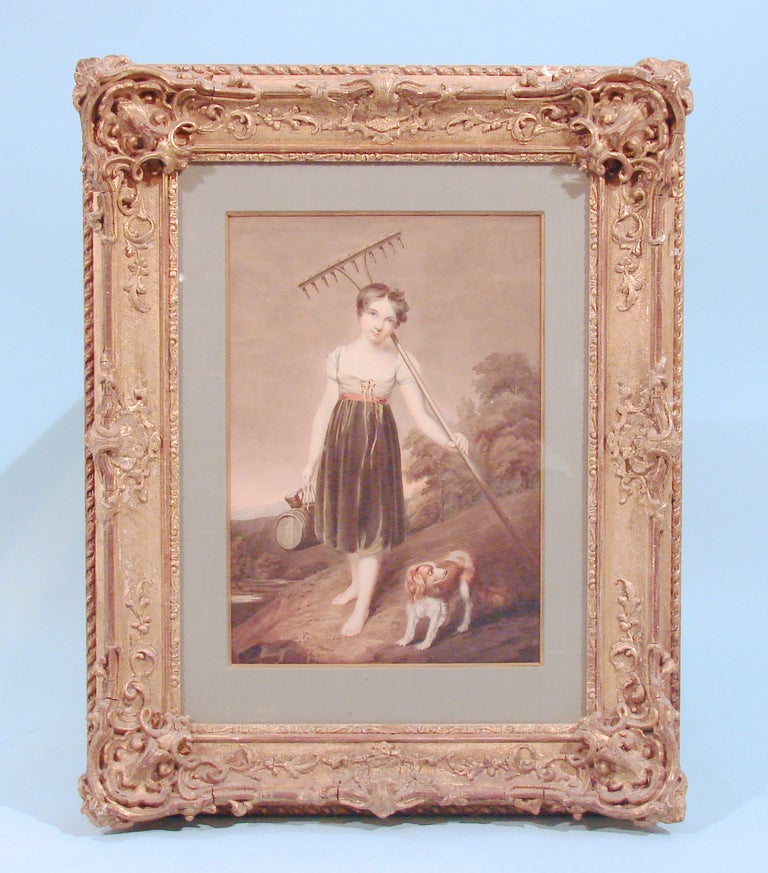 An English watercolor on paper depicting a young girl with her dog, circa 1820. In a fine period giltwood frame.