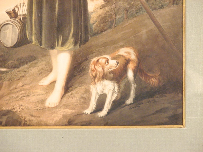 English Watercolor of a Young Maiden and Her Dog 1
