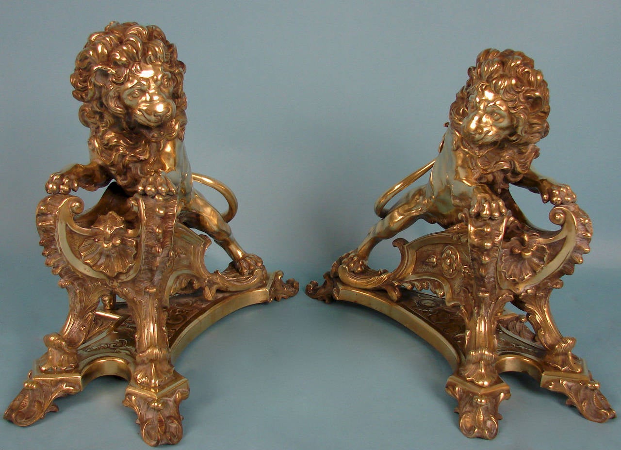 Fine Quality French Cast Bronze Lion Form Chenets