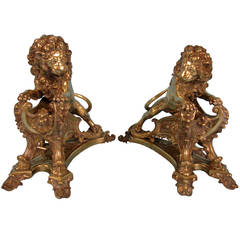 Fine Quality French Cast Bronze Lion Form Chenets