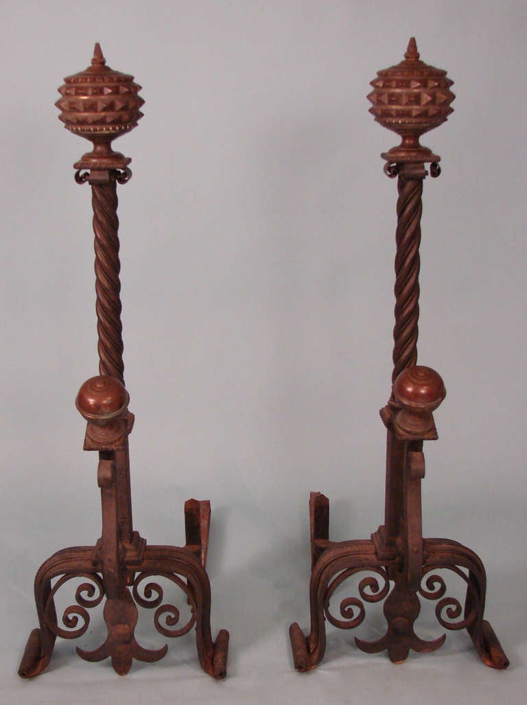 Impressive Large Scale Gothic Revival Bronze and Iron Andirons