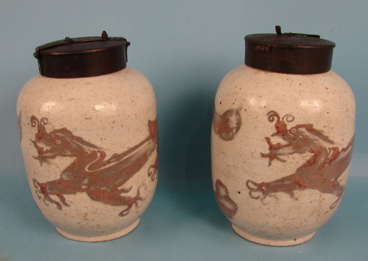Pair of Chinese Earthenware Metal Mounted Vases