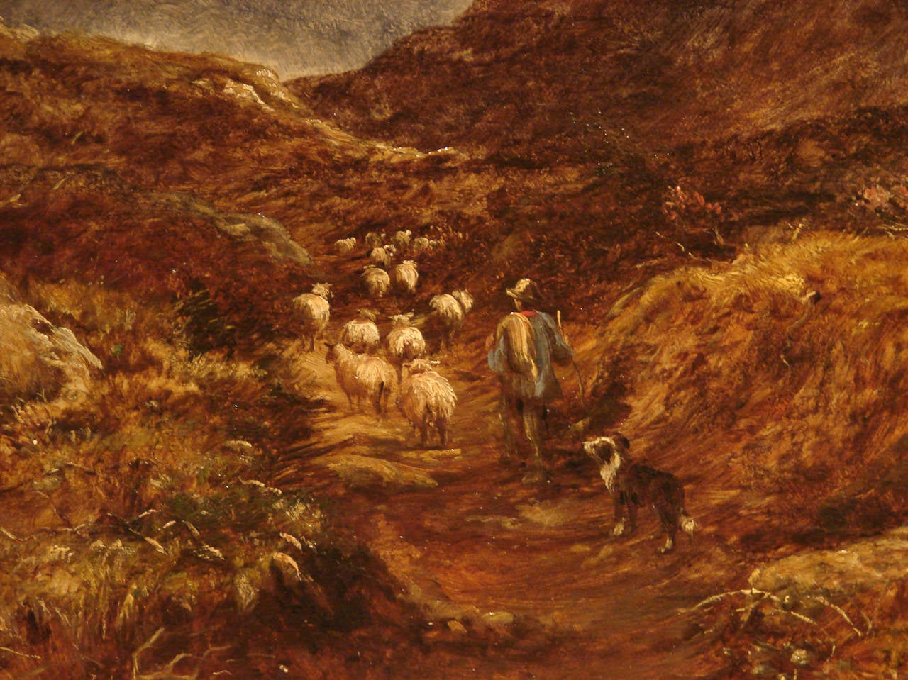 A well-painted Scottish oil on canvas of a landscape depicting a mountainous landscape with a shepherd and his flock and dog in the foreground, signed indistinctly, lower left, possibly Sherbourne, circa 1870.