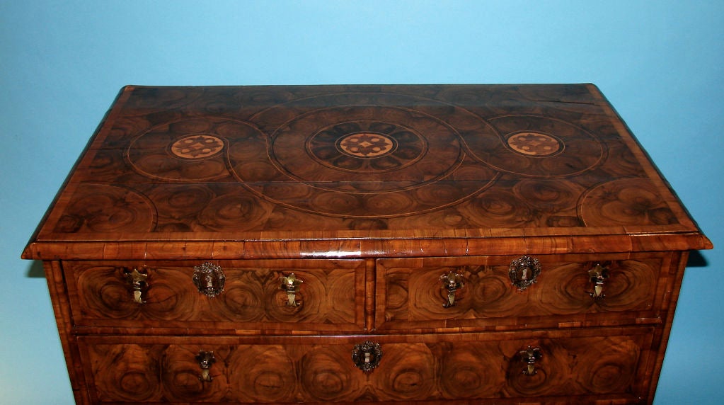 A fine William and Mary cross-banded oyster-veneered walnut chest of drawers, circa 1690, with 2 short and 3 long drawers, the top and front with oyster cut wood and pear wood stringing with later hardware and bun feet.