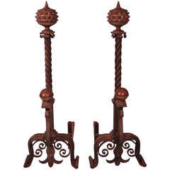 Antique Impressive Large Scale Gothic Revival Bronze and Iron Andirons