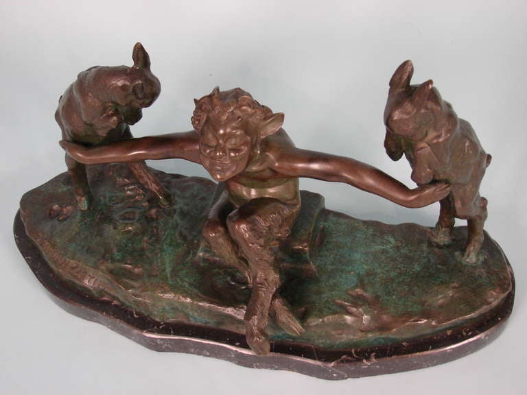 20th Century Bronze Satyr with Goats by Thomas Cartier