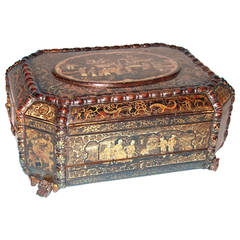 Antique Fine and Large Chinese Export Gilt Decorated Lacquer Work Box