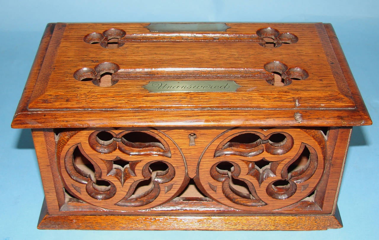 Victorian Oak Gothic Style Letter Box