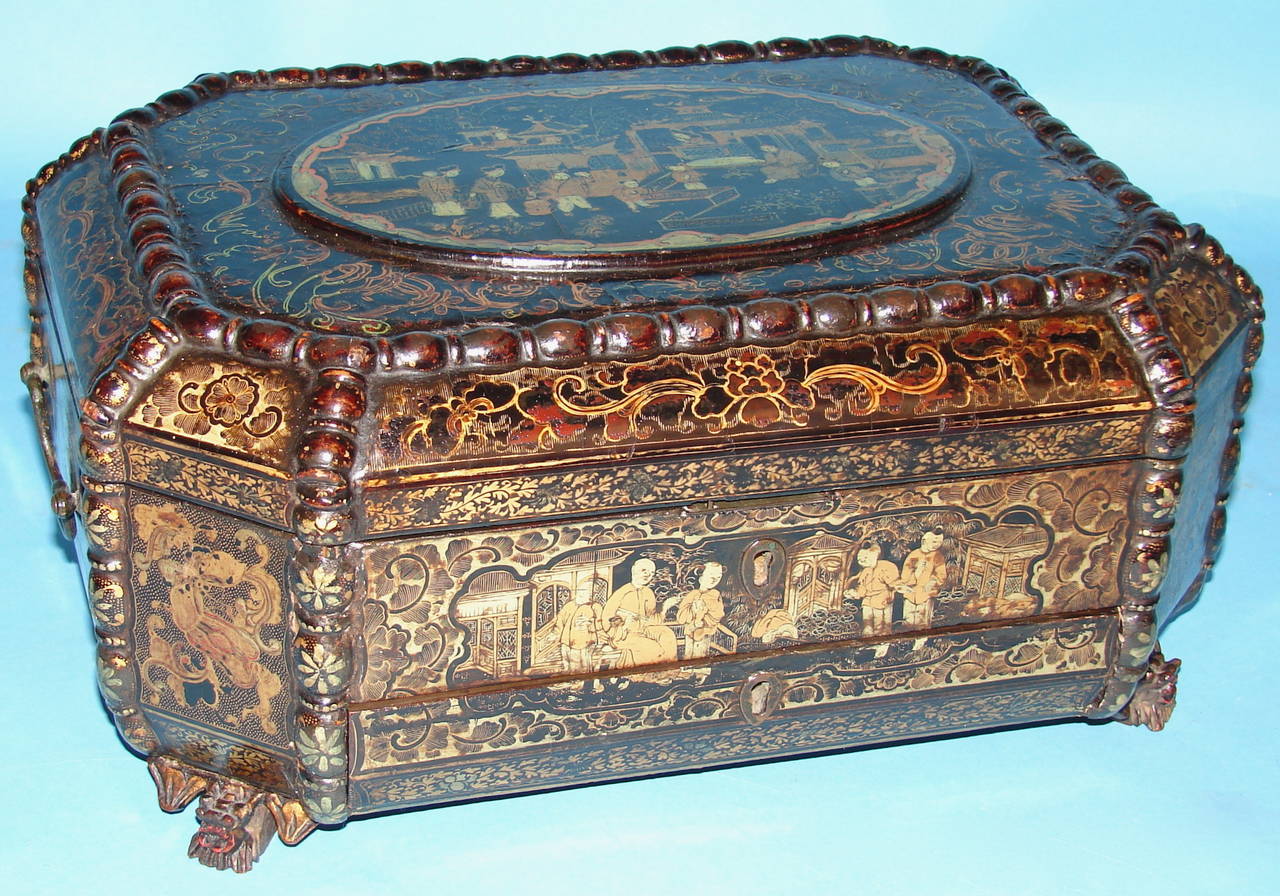 Fine and Large Chinese Export Gilt Decorated Lacquer Work Box