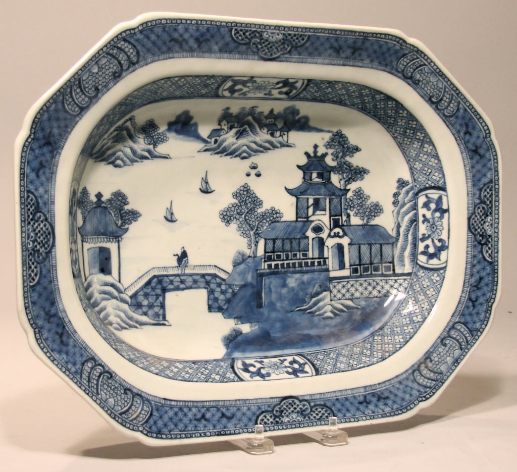 A Chinese Canton blue and white octagonal porcelain deep platter with typical over all decoration, circa 1850.