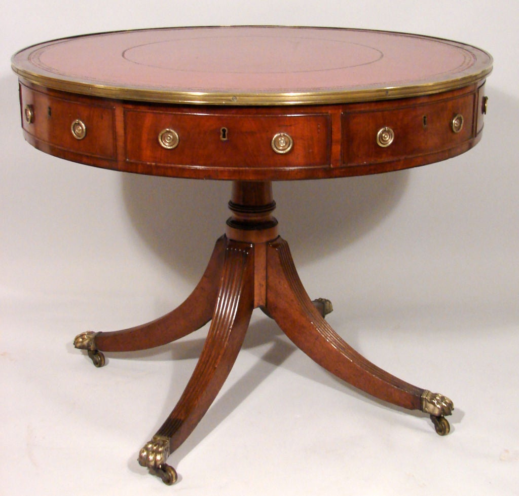 English Fine George III Mahogany Brass-Mounted Drum Table
