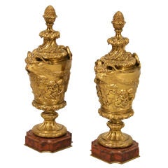 Pair  Continental  brass urns on rouge marble bases