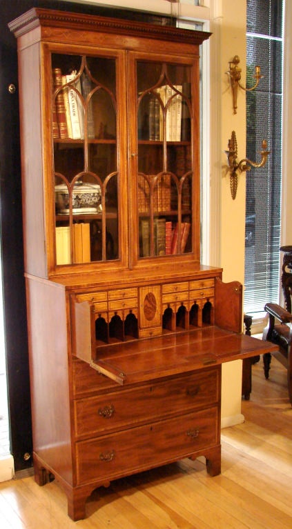 Georgian style satinwood cross-banded mahogany secretaire