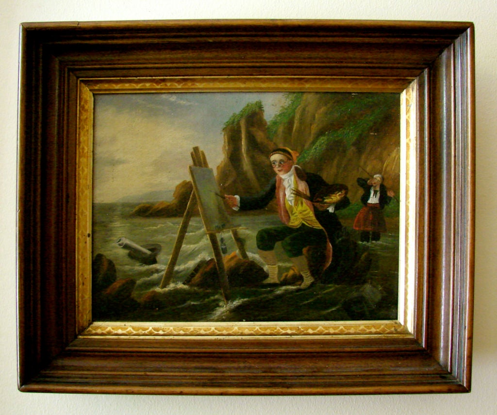 An amusing English or Continental naive oil on canvas depicting an artist in an outdoor seaside environment. Retains a period walnut frame.