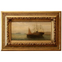 Oil on panel harbor scene by R. Rauger