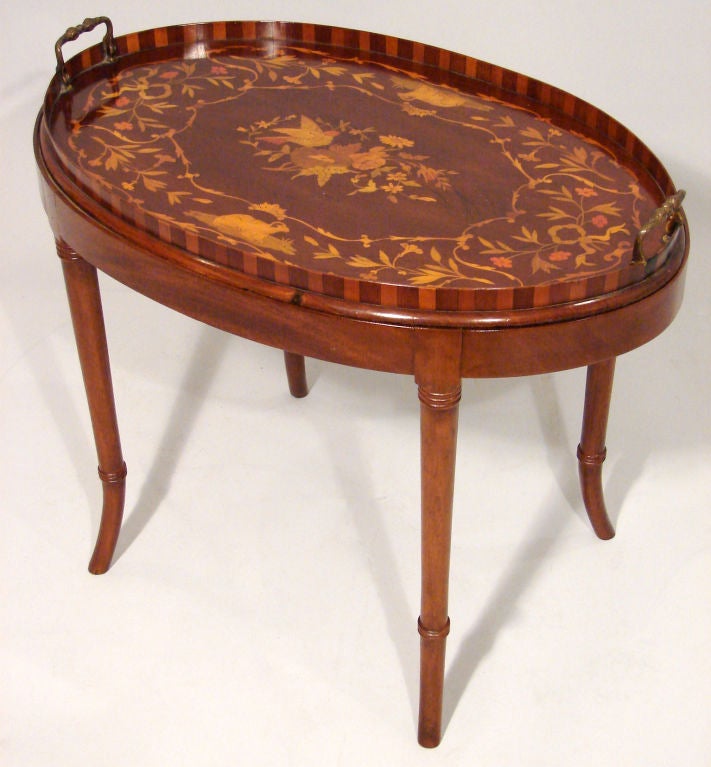 George III style inlaid mahogany oval tray on stand
