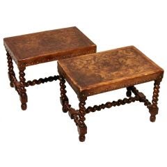 Pair of English padouk wood stools with embossed leather tops
