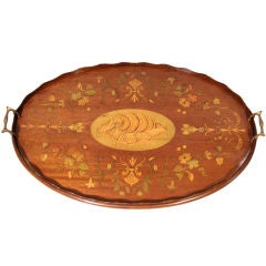 English mahogany satinwood marquetry inlaid oval tray