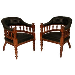 Pair of English Oak and Leather Barrel Armchairs
