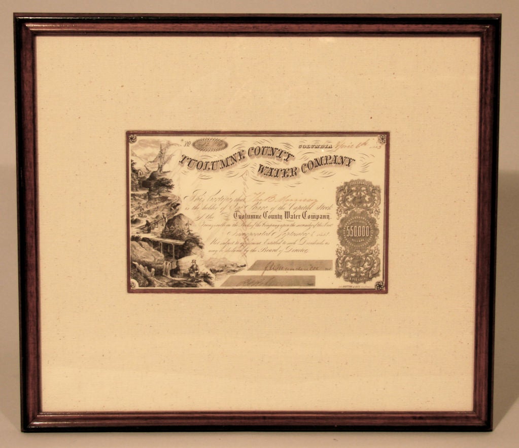 An historic Tuoleme County Water Company Stock Certificate dated April 5, 1853 beautifully engraved, now framed and glazed.