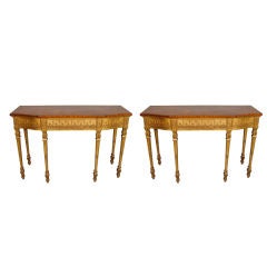 Pair of Adam Style Giltwood Console Tables with Satinwood Tops