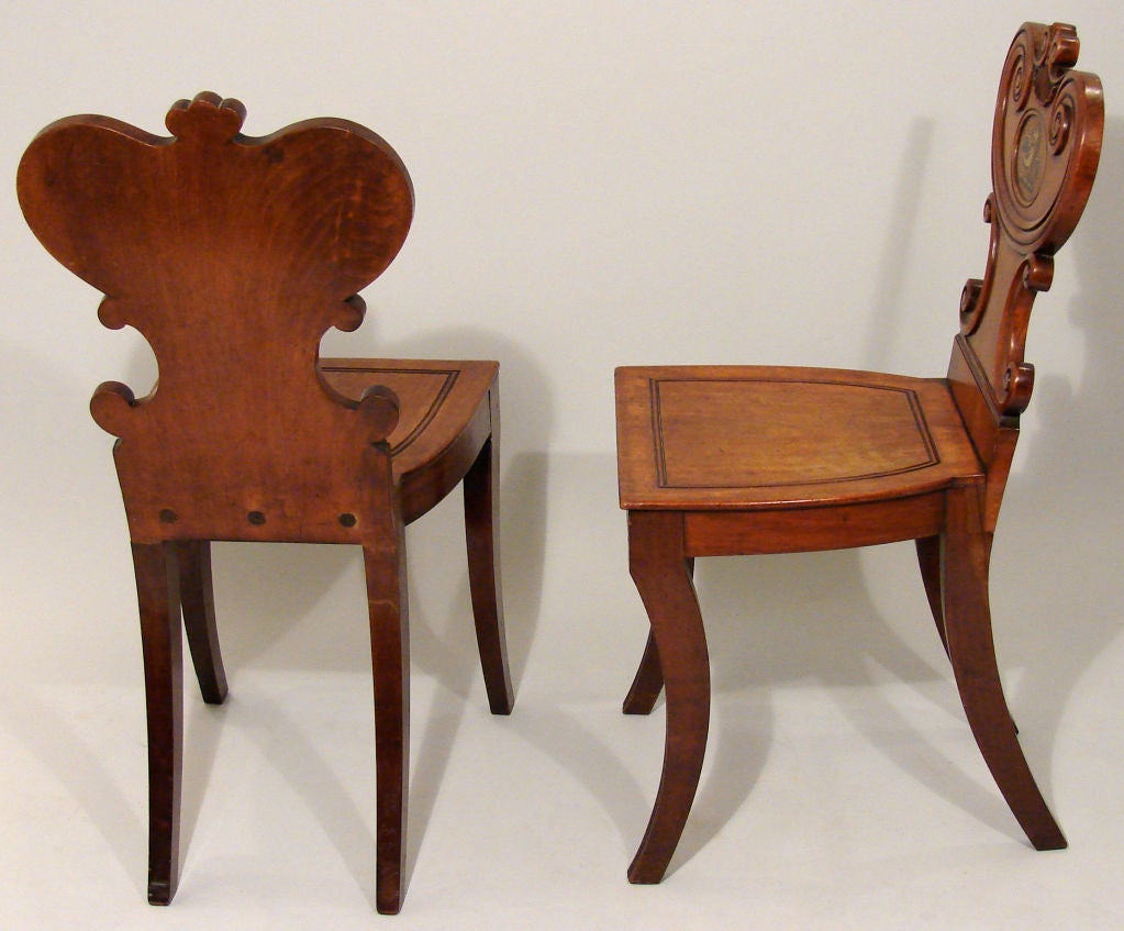 19th Century Pair of English Regency Mahogany Hall Chairs