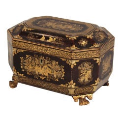 Antique A fine Chinese export black and gilt lacquered tea caddy