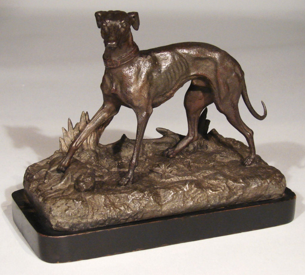 Patinated Metal Grouping of a Greyhound and Rabbit