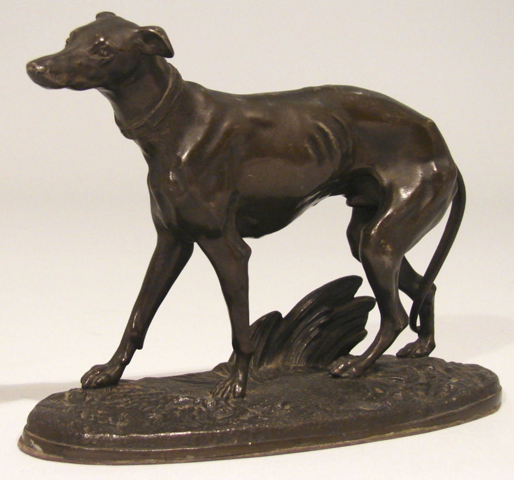 A bronze figure of a greyhound standing on a naturalistic ground, probably French, circa 1920.