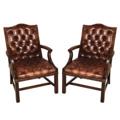 English Mahogany Georgian Style Tufted Brown Leather Armchairs
