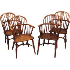 Antique Assembled Set of 8 Yew Wood Lowback Windsors