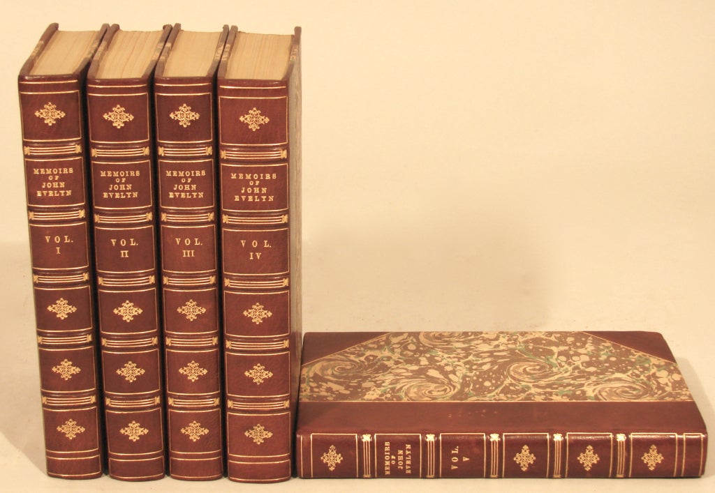 A fine 5 volume set of the complete works of John Evelyn, published London 1827. Beautifully rebound in brown leather.